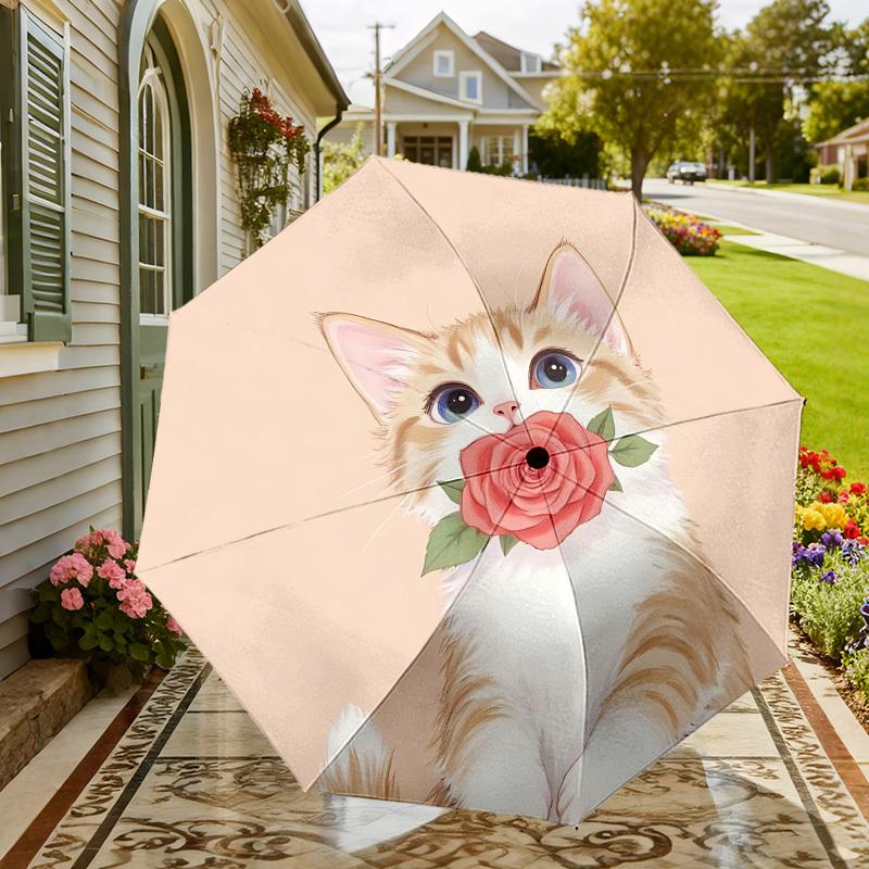 Adorable Cat with Rose Print Umbrella: Automatic Opening/Closing, Outdoor Protection, Lightweight and Durable Travel Accessory 087