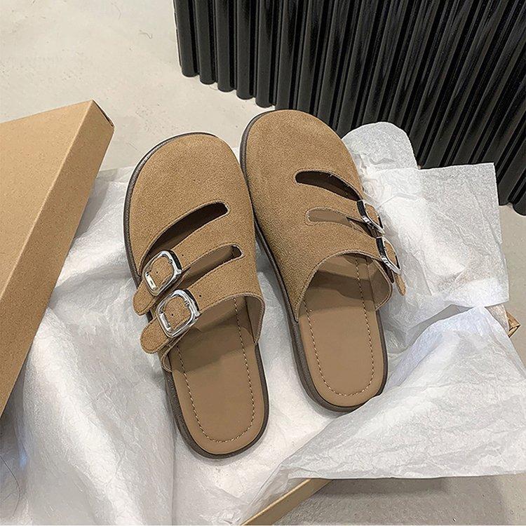 

Baotou half slippers, women s summer wear 2024 new one-pedal lazy retro casual flat-bottomed hollow cool slippers 35 хаки