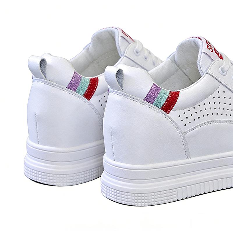 2026 Spring Summer Women's White Platform Sneakers Genuine Leather Wedge Hidden Heel 7cm Casual Walking Shoes Breathable