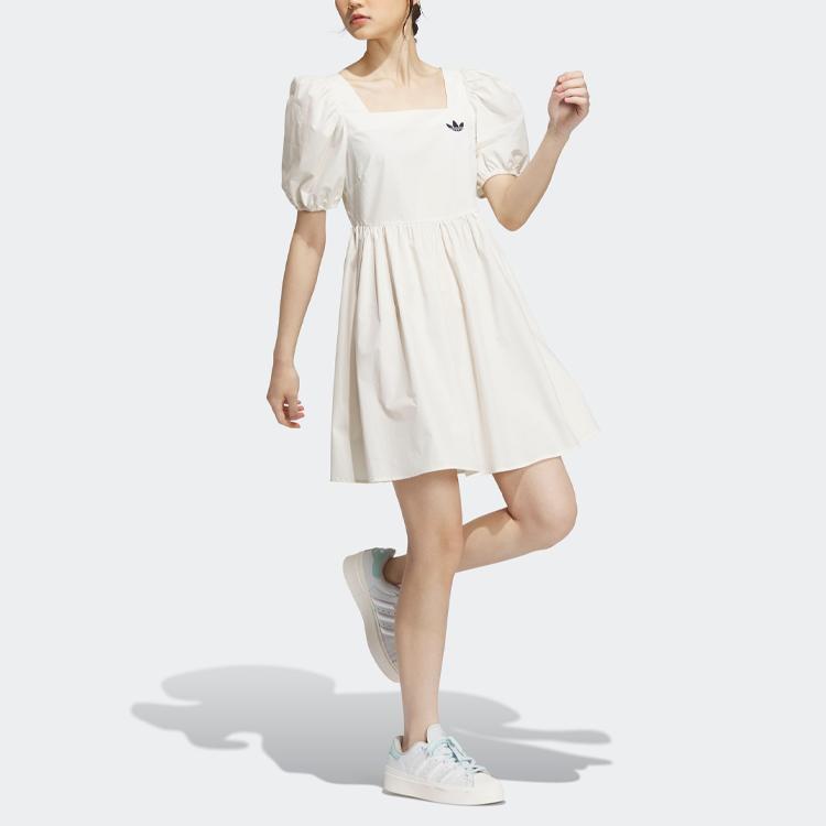 Adidas Originals Monkey Kingdom X  Trefoil Woven Dress With Lantern Sleeves Women Dress Pink White IP1772