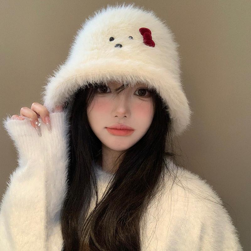 White Stylish Plush Fisherman Hat With Bow For Women Perfect For Winter Fall