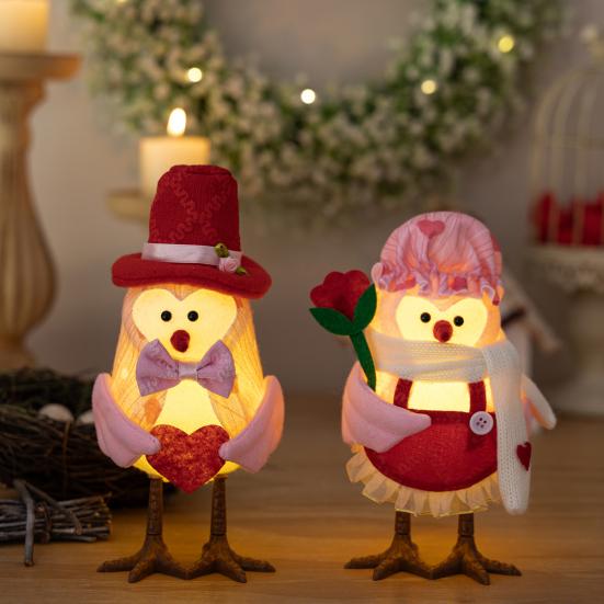 Valentine's Day Bird Figurines Lighted Couple Birds Statue Tabletop Standing Fabric Birds Ornament for Tiered Tray Table Shelf Mantel Fireplace Decor