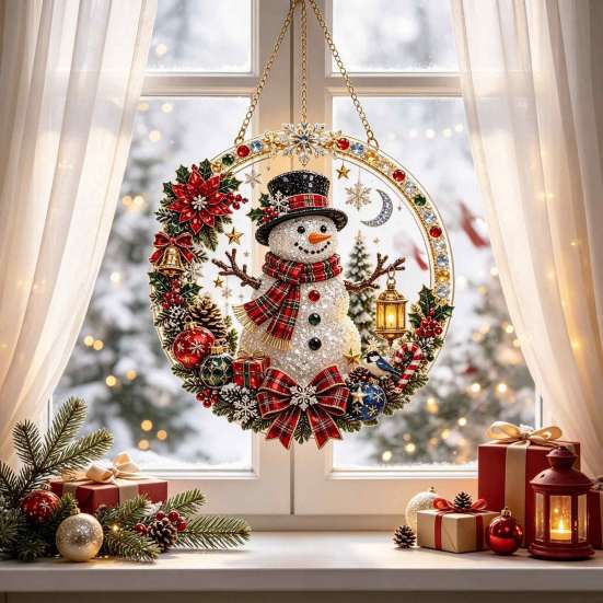 Seasonal Party Hanging Decor Xmas Snowman Ornament, Round Acrylic Santa Reindeer Holiday Office Ornaments Christmas Door Sign for Festive Window Wall