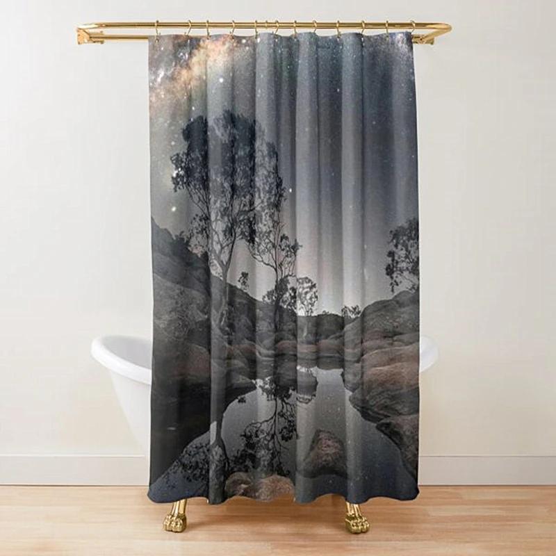Mountain Shower Curtain Starry Night Shower Curtain Moon Shower Curtain,Lake Stars Nature Landscape Art Bathroom Curtains