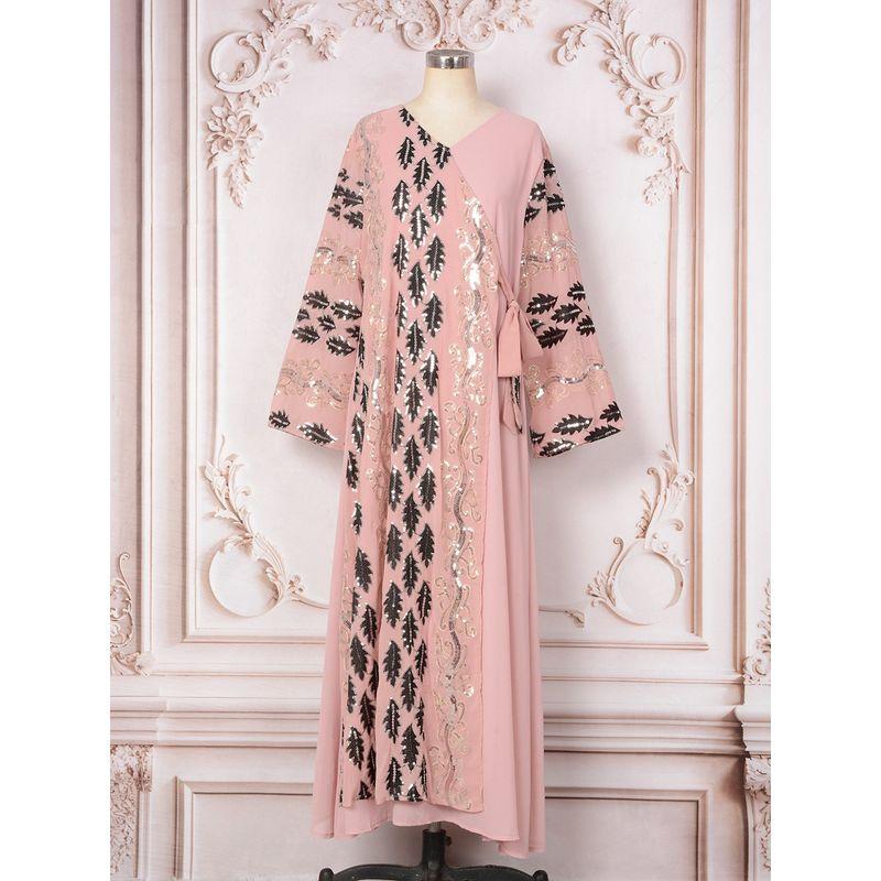 

Новое кружевное формальное платье через границу Одежда Ближнего Востока Платье Длинный рукав Пайетки Большой размер Арабское платье-халат Pink S
