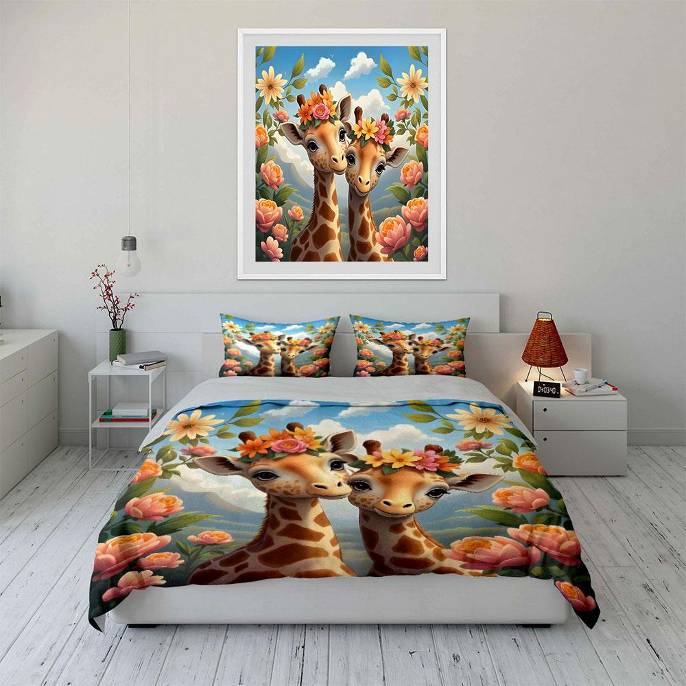 3Pcs Two Giraffes With Floral Crowns Duvet Cover Set With 3D Printing Design Soft Polyester Bedding Set All-Season Comfort