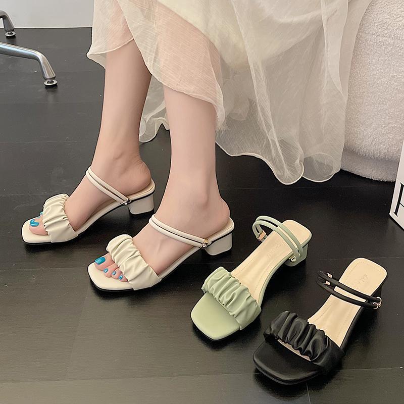 Sandals 2025 Women's Summer New Wear Thick Heel Internet Celebrity French Medium Heel Fairy Style High Heel Two Wear Cool Slippers Tide