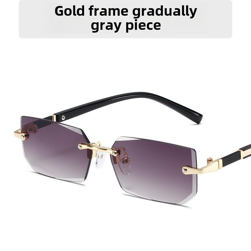 Modne kwadratowe okulary przeciwsłoneczne bez oprawek z kolorowymi soczewkami oceanicznymi i metaliczną teksturą