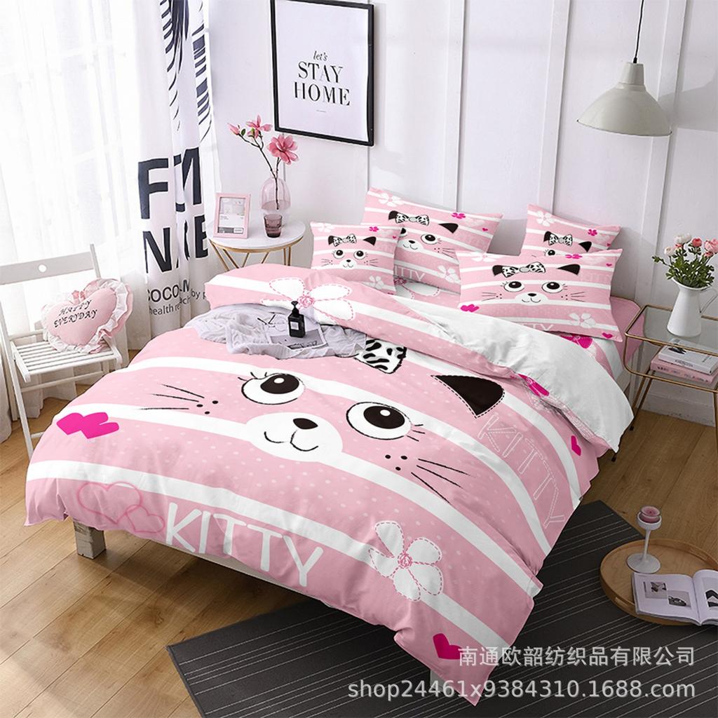 3D Digital Printing Children'S Cute Cat Bedding Quilt Cover Three-Piece Set