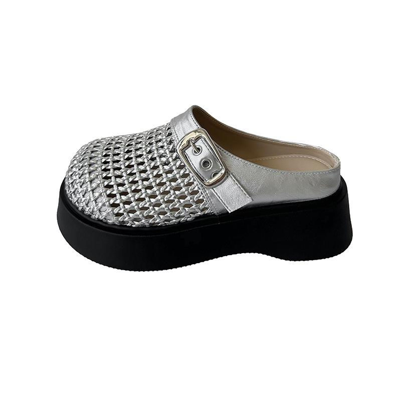 Muffin Plateau Loafer Damen Fischernetz Neu Frühling und Sommer Explosion Retro gewebte Taschenkopf Halbschuhe Kleine Sandalen