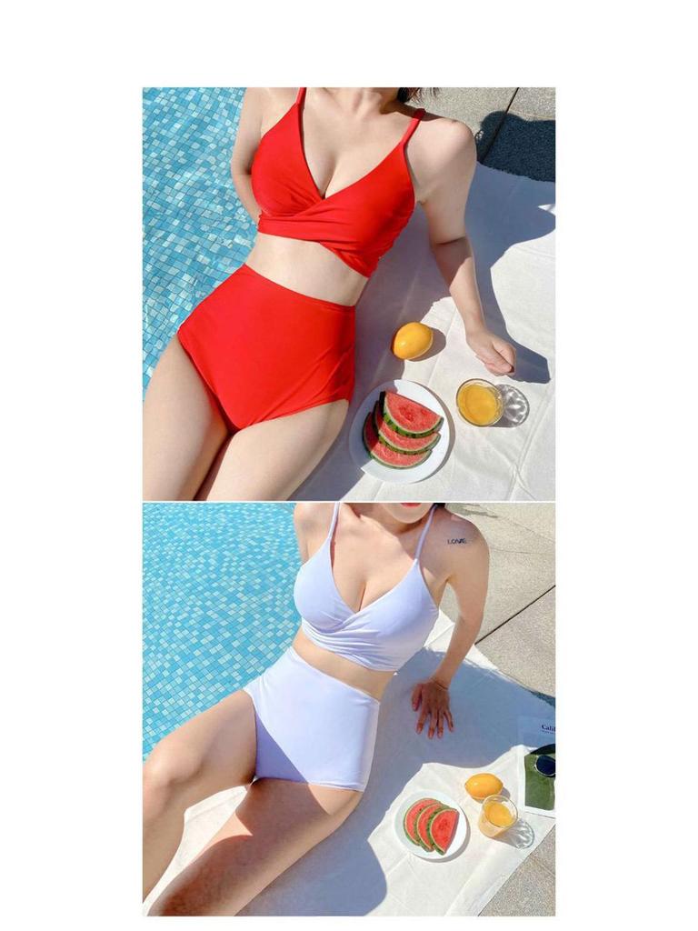2023 Women's Solid Color Push-Up Bikini Set: Hard Cup Top & High Waist Bottoms