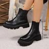 Women Medium Size Round Toe Block Heel Leather Boots Autumn New Solid Color British Style