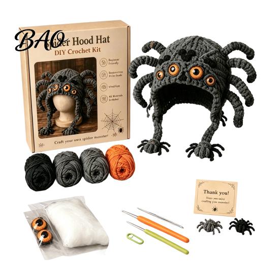 Parent Child Art Project Highland Cow Hat Crochet Kit, Halloween Pumpkin Spider Hood Handmade Holiday Ornament DIY Craft Kit for Adults Teens