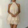 2026 Womens Sweet Style Sleeveless Halter Neck Ruffle Hem Casual Skirt Set