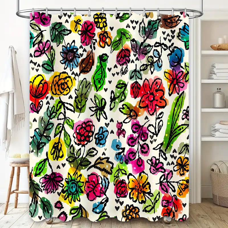 Watercolor Flowers Shower Curtain Multicolor Floral Decorative Bathroom Accessory Modern Waterproof Fabric with Hooks for Bathtu