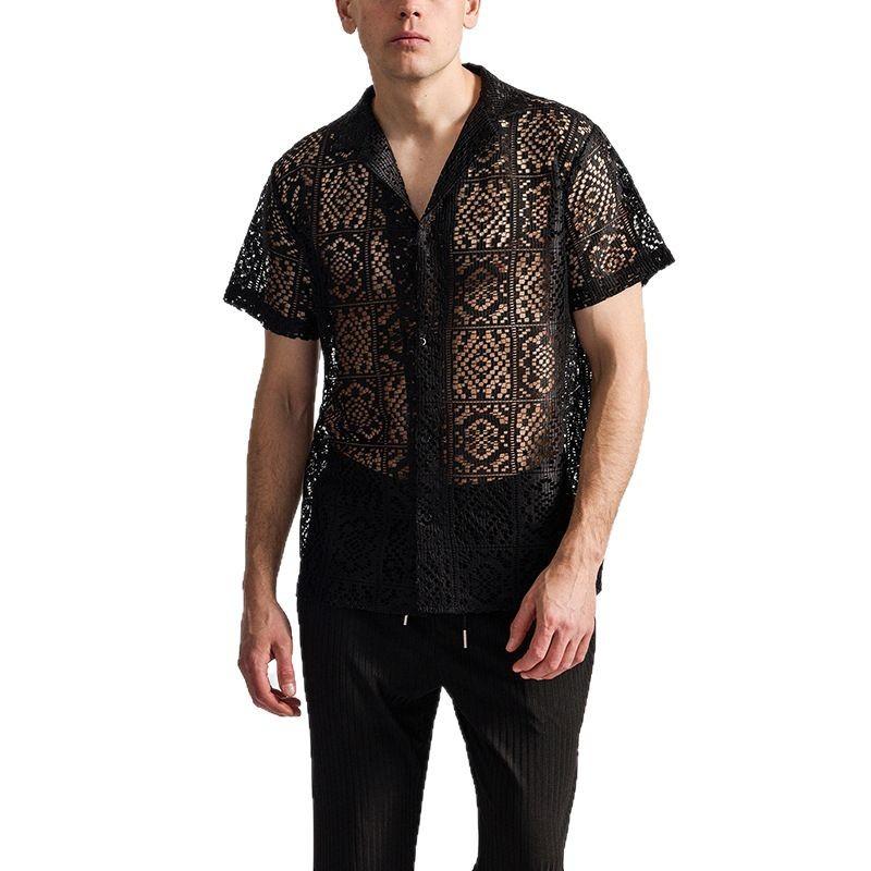 

Мужская рубашка с цветочным кружевом, контрастная сетчатая рубашка на пуговицах, блузка с коротким рукавом XXL чёрный