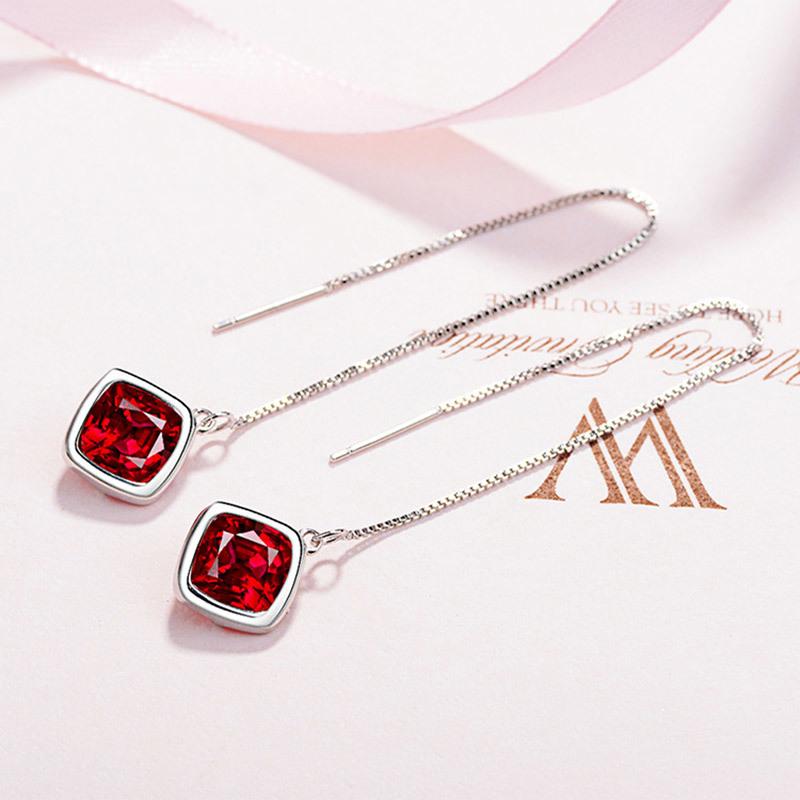 

925 Sterling Silver Korean Simple Crystal Long Vintage Dangle Earrings for Women Elegant Geometry Emerald Ear Drops Ruby Jewelry червоний