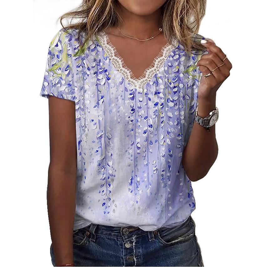 Women's Lace Floral Printed T Shirt V-Neck Short Sleeve Casual Shirts Loose Fashion Blouses Plus Size