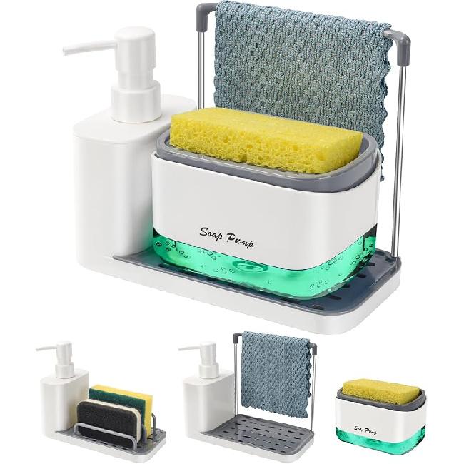 Hand and Dish Soap Dispenser Set with Tray, Dual Soap Dispenser with Sponge Holder and Dishcloth Holder 5-in-1 Organizer for Kitchen Sink Countertop
