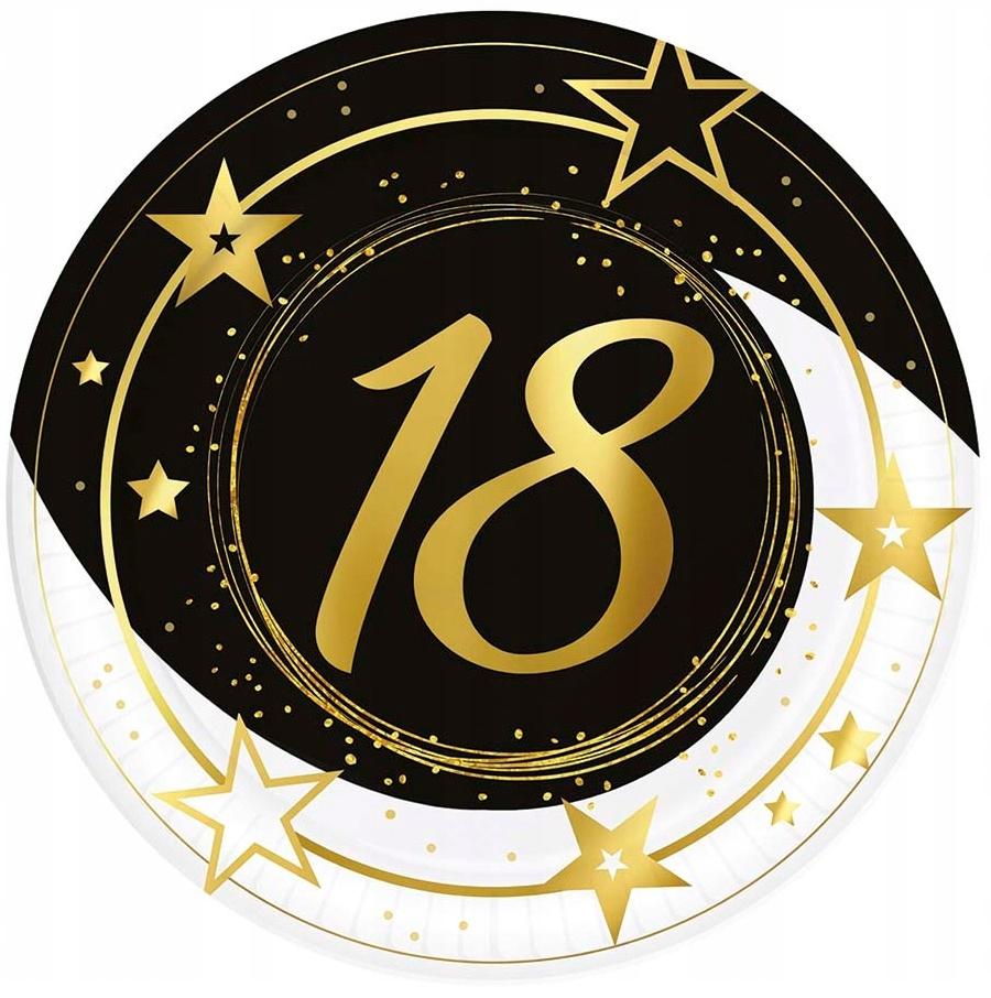 Talerzyki Papierowe 18 Urodziny Osiemnastka Złote Czarne Party 23Cm 6Szt.
