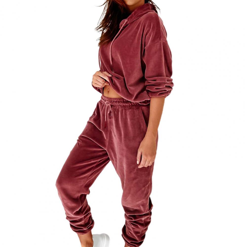 1 Set Sweatshirt Sweatpants Solid Color Elastic Cuff Autumn Winter Thick Warm Pullover Pants for Daily Wear
