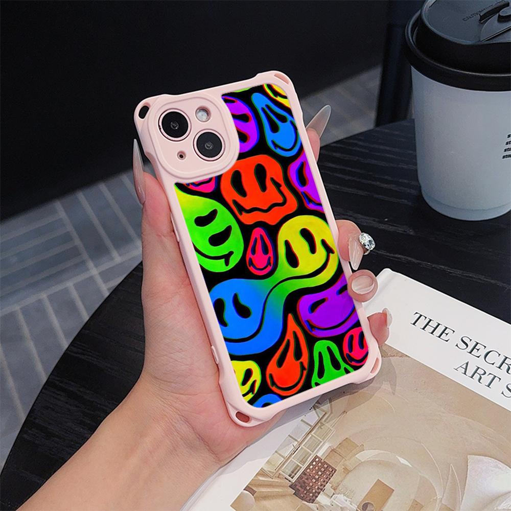 Ae88 Lovely Smiley Art Soft Phone Cases for iPhone 16 15 14 13 12 11 Pro Max XR with Wrist Strap Lanyard Corner Protection Back Cover