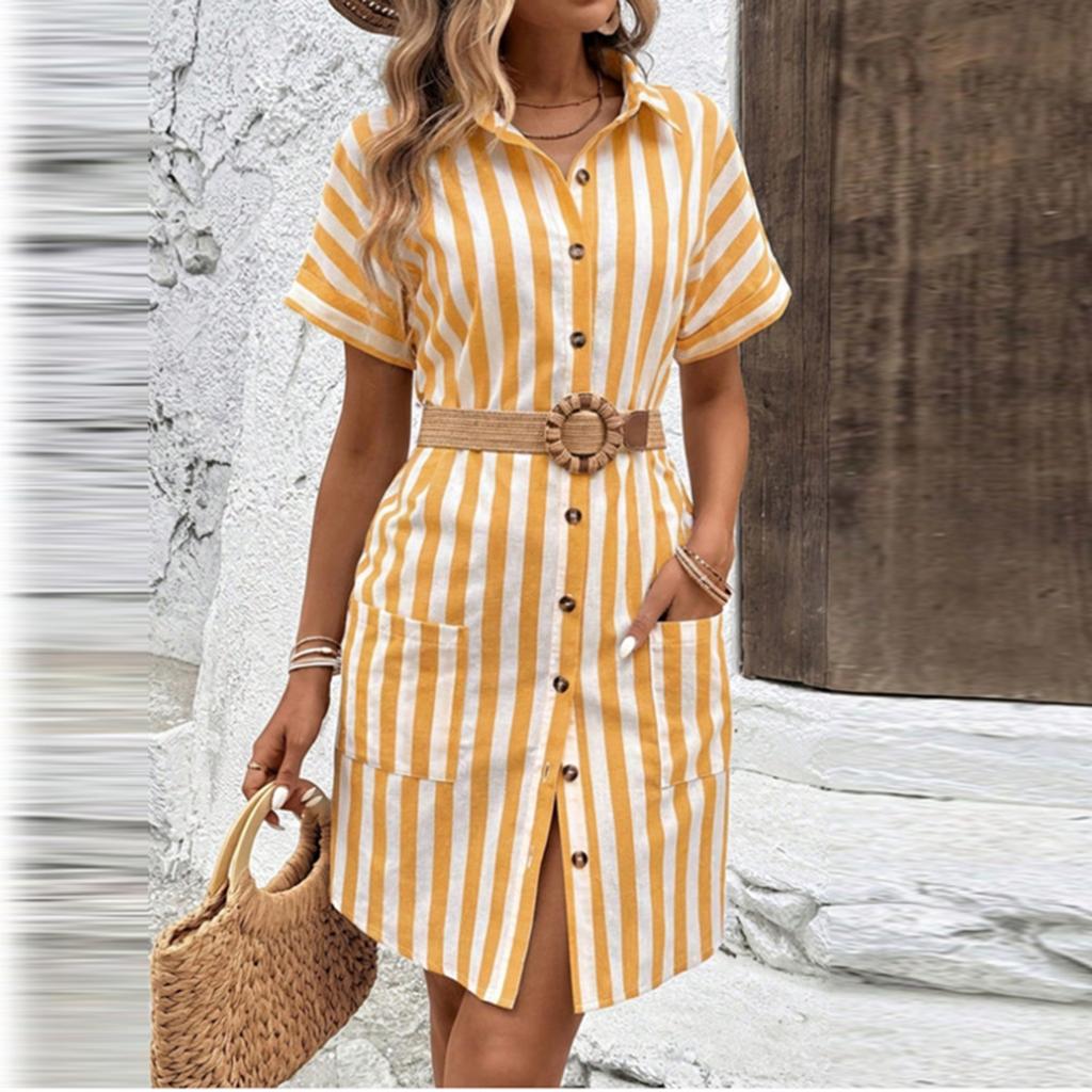 Women's Striped Shirt Dress Short Sleeve Button Front Casual Loose Fit Dress With Pockets