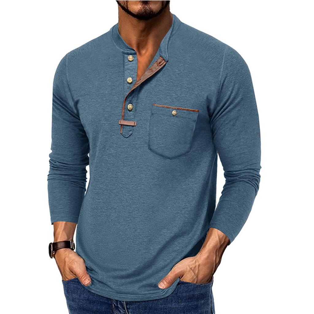 Men's Spring And Solid Color T-shirt Lapel 3 Button Open Placket Button Long Sleeved Top