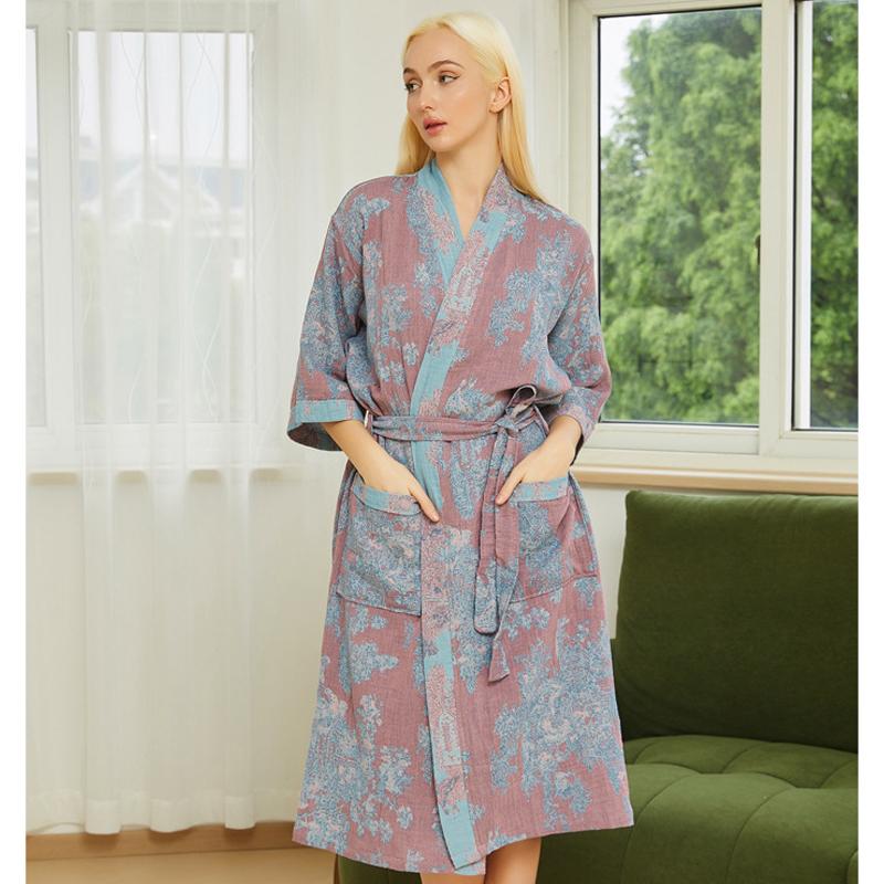 

Хлопковый жаккардовый халат Свободный банный халат Кимоно Юката Домашняя одежда Повседневная женская одежда для сна Ночная одежда Весна Лето Домашняя одежда One Size небесно-голубой