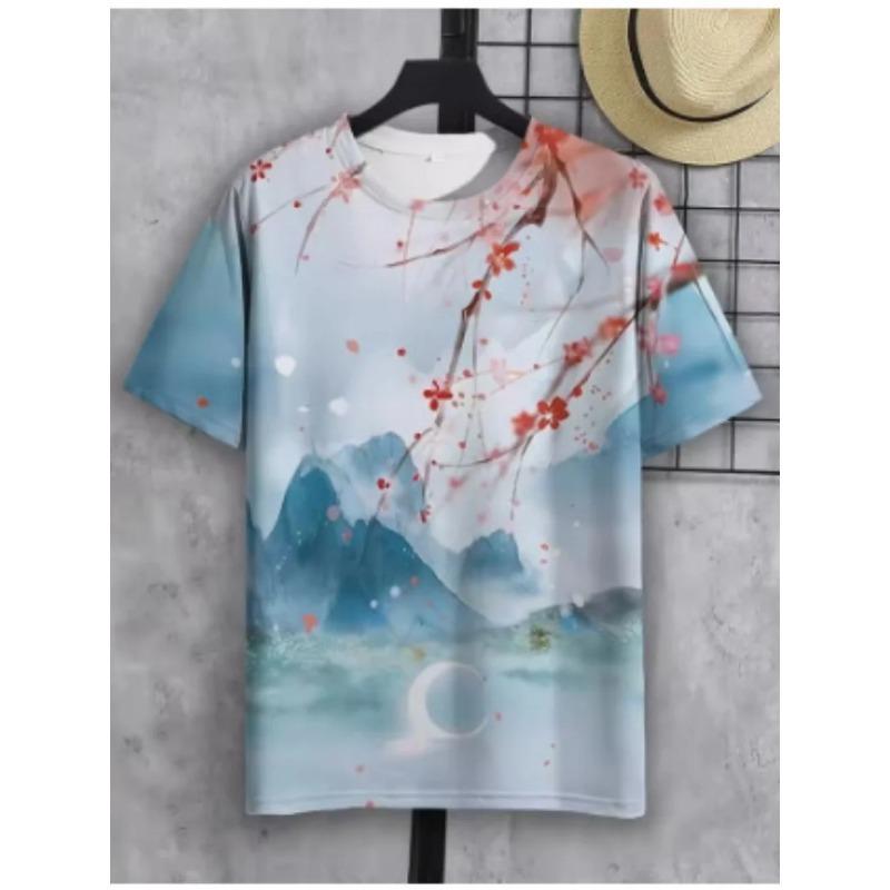 Men s Casual Short Sleeved T-Shirt Asian Style Cherry Blossom Mountain View Pattern Summer Street Round Neck Menswear Clothing 2XL оранжевый