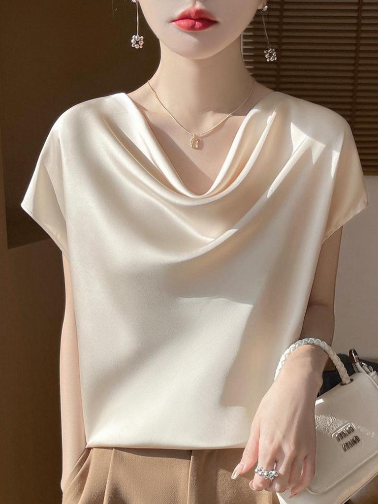 Women's French Style Ruffle Neck Short Sleeve Top - Solid Color Summer 2025