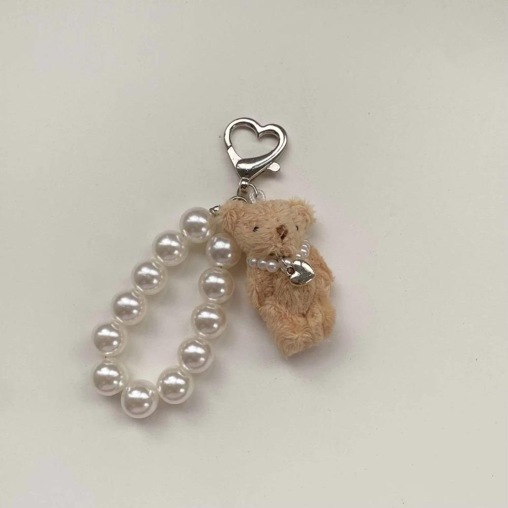 Cute Imitation Pearl Teddy Bear Mobile Phone Chain Hanging Ornament Gift Keychain Handbag Pendant Pendant Women Girls