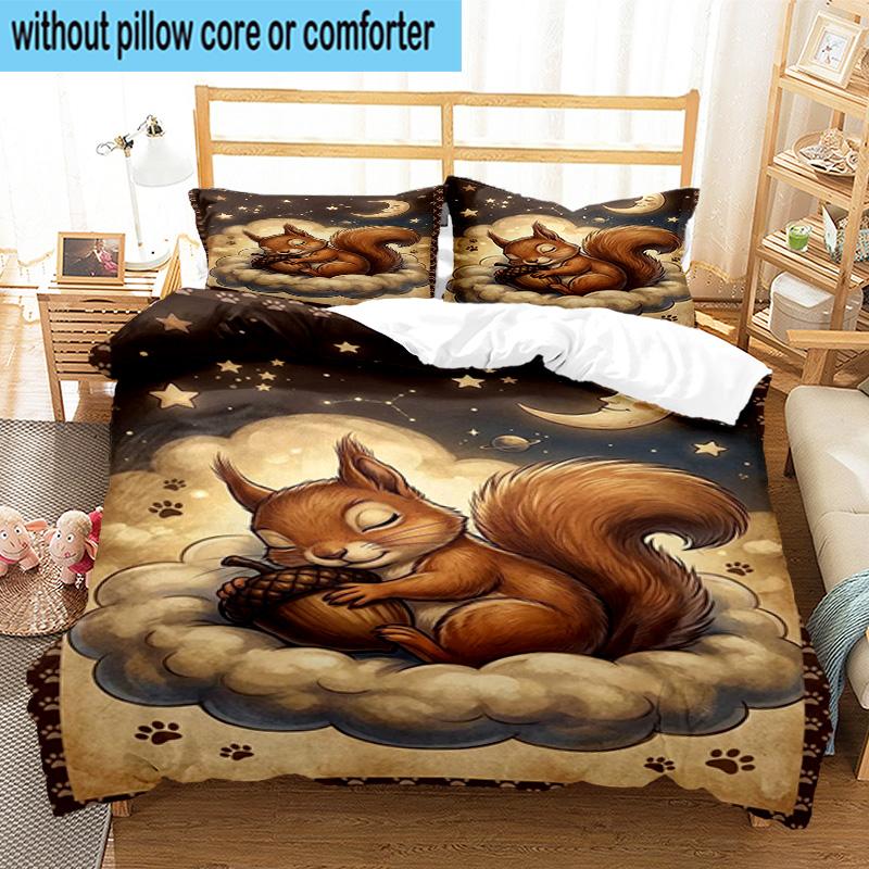 Squirrel Dreams Under Moonlight 3pcs Bedding,Including 1pc Duvet Cover And 2pcs Pillowcases Perfect for Christmas,Ideal for Bedroom, Dormitory