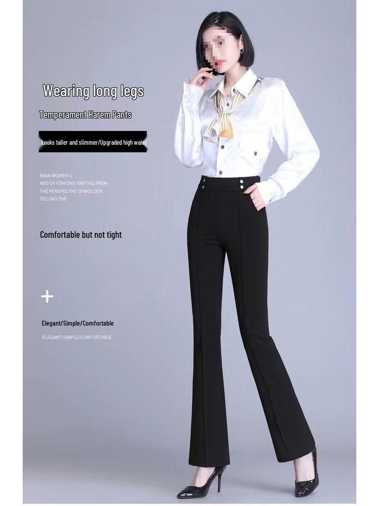 Damen Schwarz Hohe Taille Schlaghose Gerade Beine Elastisch Schlank Geschnitten Freizeit Hose