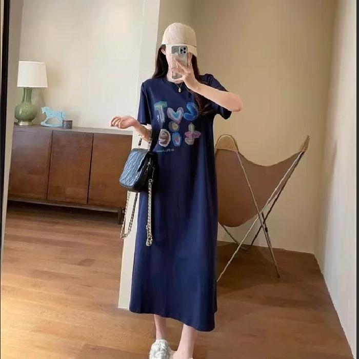 Summer New Style Loose and Comfortable Slimming Oversized Wide-fit T-shirt Dress with Side Slit for Women's Short Sleeves