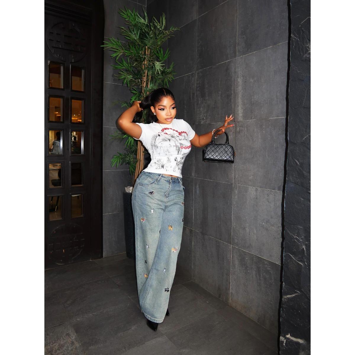 Women s Mid Rise Straight Leg Cartoon Embroidery Denim Pants Streetwear Loose Fit Spring Jeans S синий