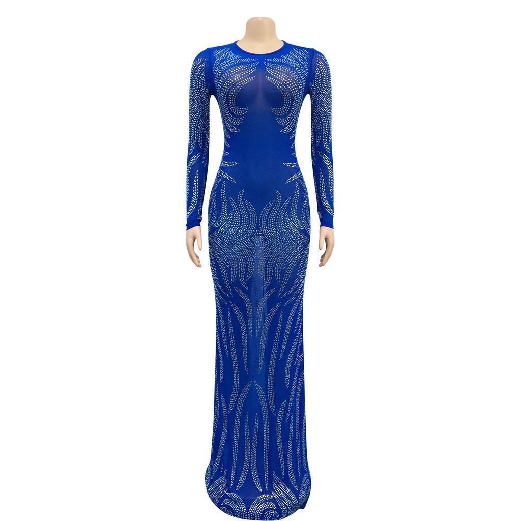 Kvinner Elegant Langermet Rhinestone Rundhals Mesh Gjennomsiktig Brude Maxi Lang Kjole Vert Bryllup Brud Brudepiker Festkjoler