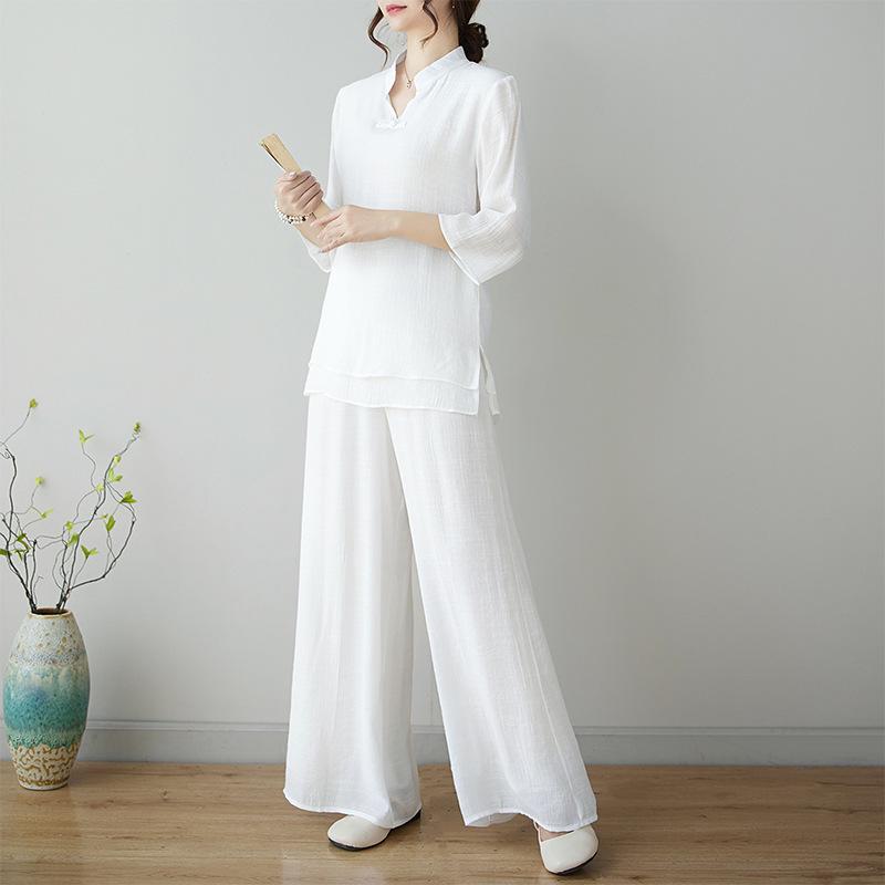 Women s Zen-Style Summer Two-Piece Set: Chinese Ethnic Meditation & Yoga Outfit M