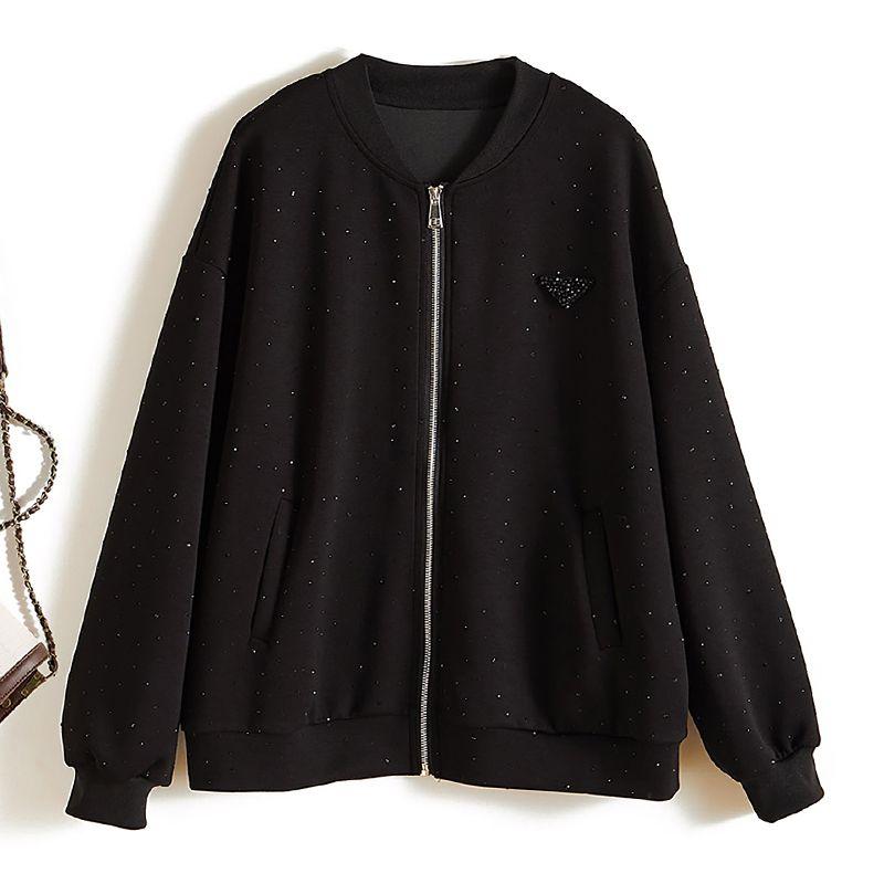 

Accessible Luxury Sports Breathable Baseball Uniform! Handsome Women s Stand Collar Air Cotton Loose Water Soluble Diamond Luminous Outwear New Black L