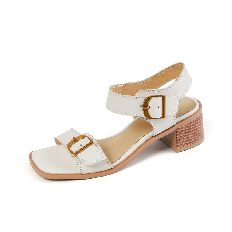 2024 New Summer Women Shoes Square Toe Chunky Heel Women Sandals Cow Leather High Heels Solid Band Shoes Casual Shoes for Women