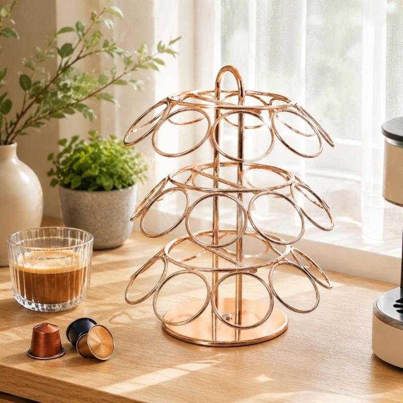 Coffee Serving Holder with Full-Turn Access, Three-Level Position Display, and Freestanding Form for Kitchens, Offices, and Break Rooms