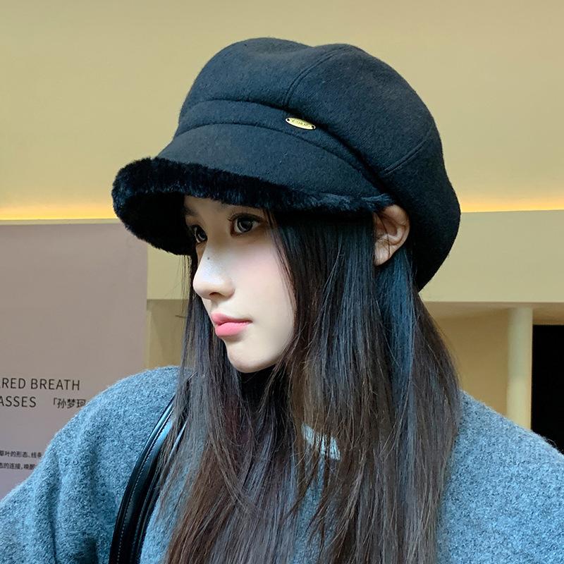 Plush Beret Women's New Autumn and Winter Octagonal Hat Thickened Pile Hat Winter Hat Baseball Cap Bucket Hat