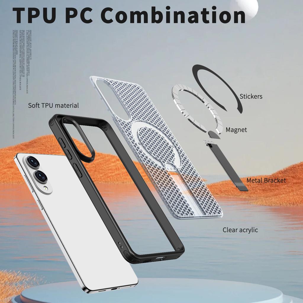 For Samsung Galaxy S25 Edge Magnetic Case Kickstand Grid Texture TPU PC Phone Back Cover