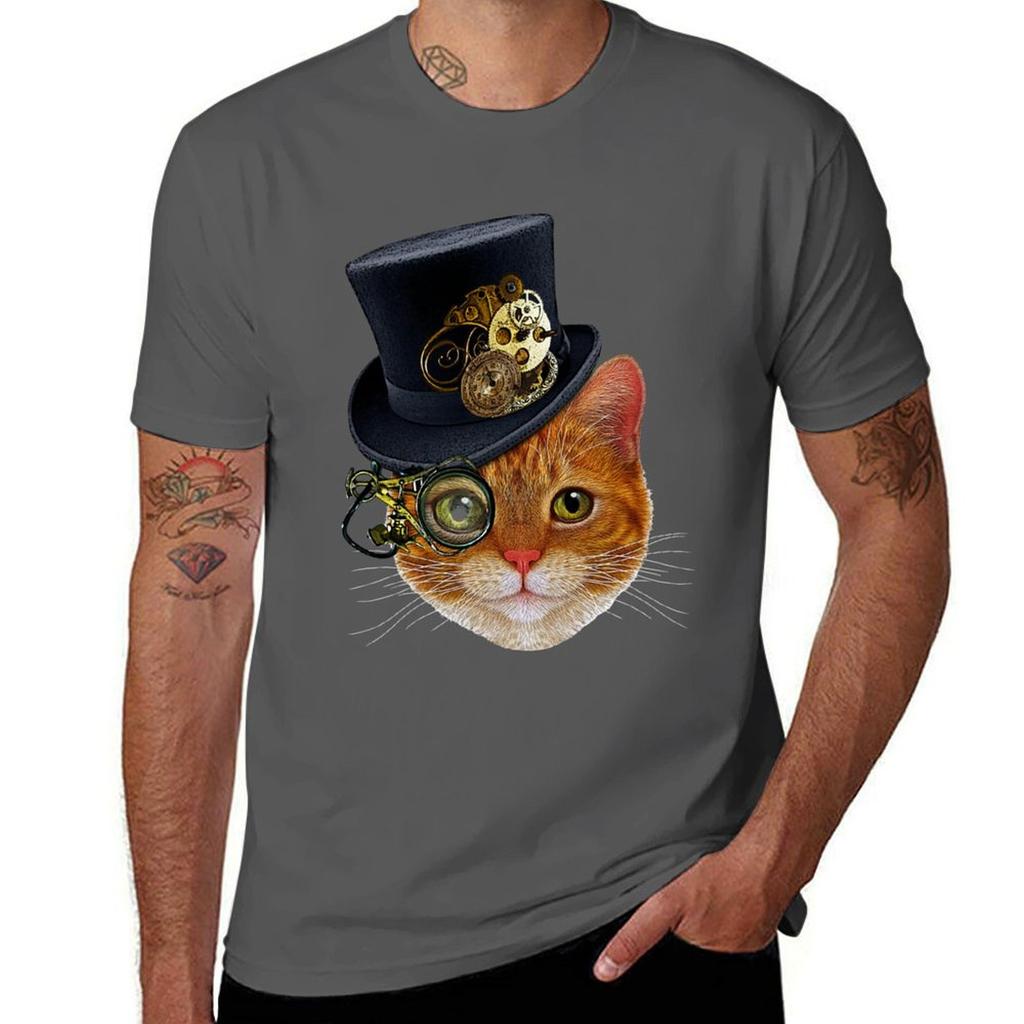 Orange Cat with Steampunk Hat and Monocle TShirt Casual Trendy Short Sleeve TShirt