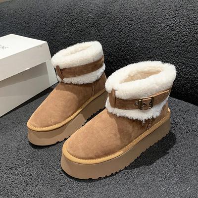 Botas de neve femininas clássicas e espessas, felpudas, 2024, fivela de cinto, confortáveis, quentes, botas de tornozelo, sapatos femininos de inverno, botas grossas