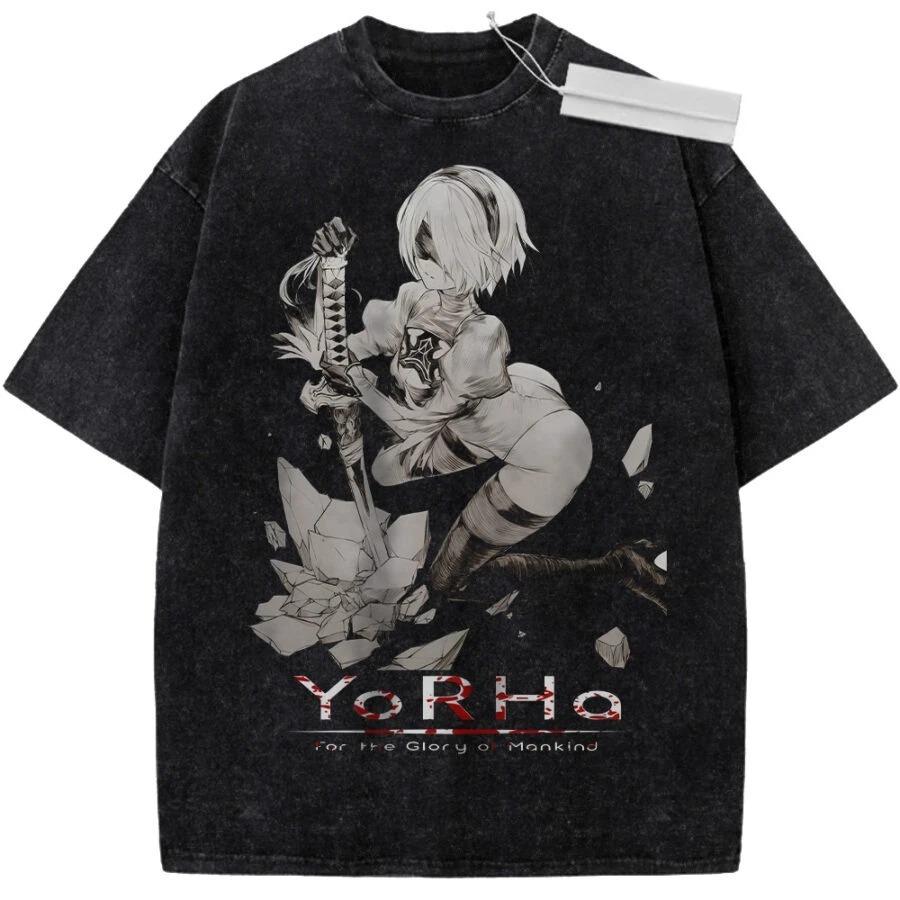 

NieR Automata 2B Battle Gear Acid Washed Graphic T-Shirt Red Accent Vintage Game Anime Black Oversized Unisex Streetwear T-shirt L