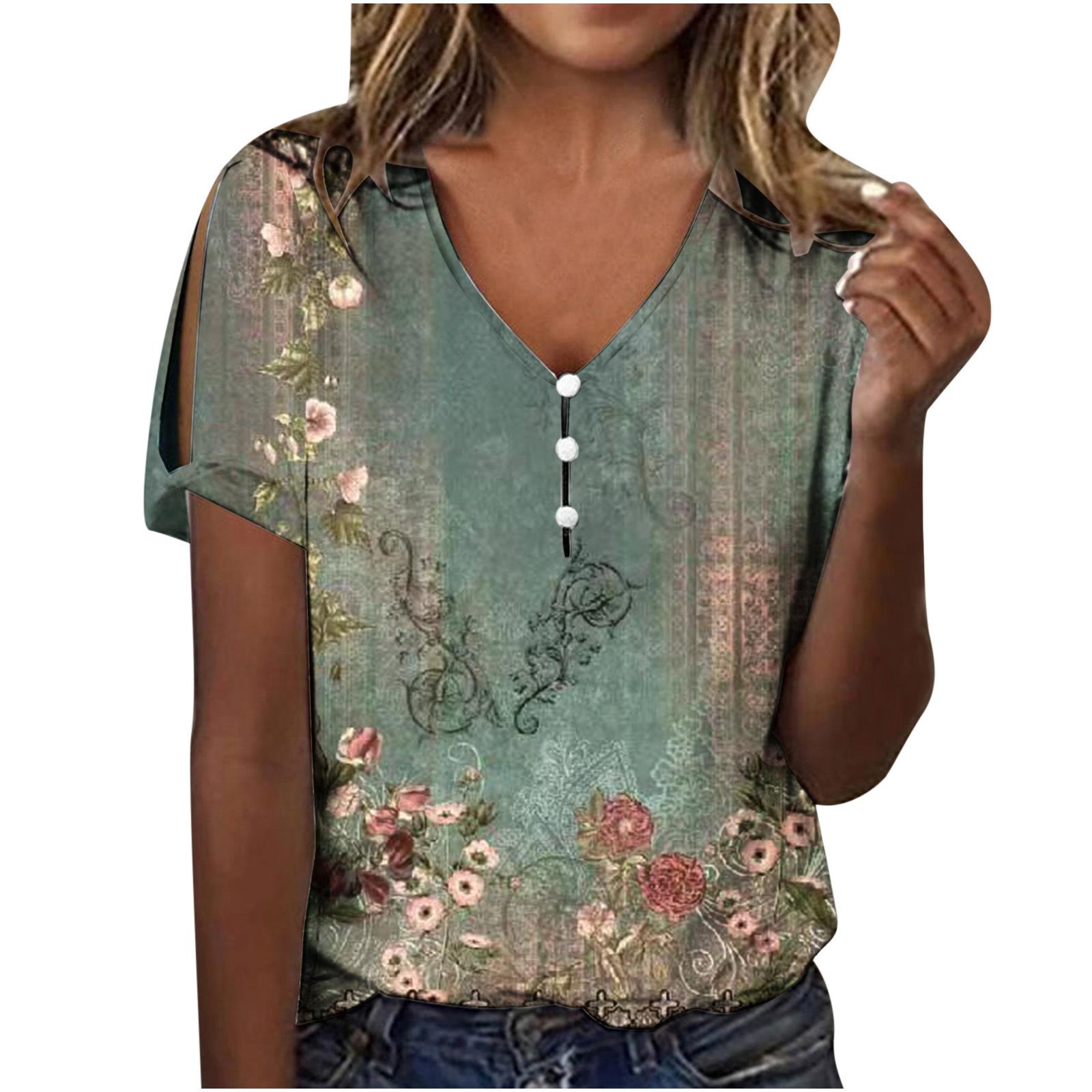 

VEZFAA Женская мода Повседневная Летняя Весна Цветные Блоки Принт Короткие Рукава V-образный вырез Блузки и Рубашки XXL