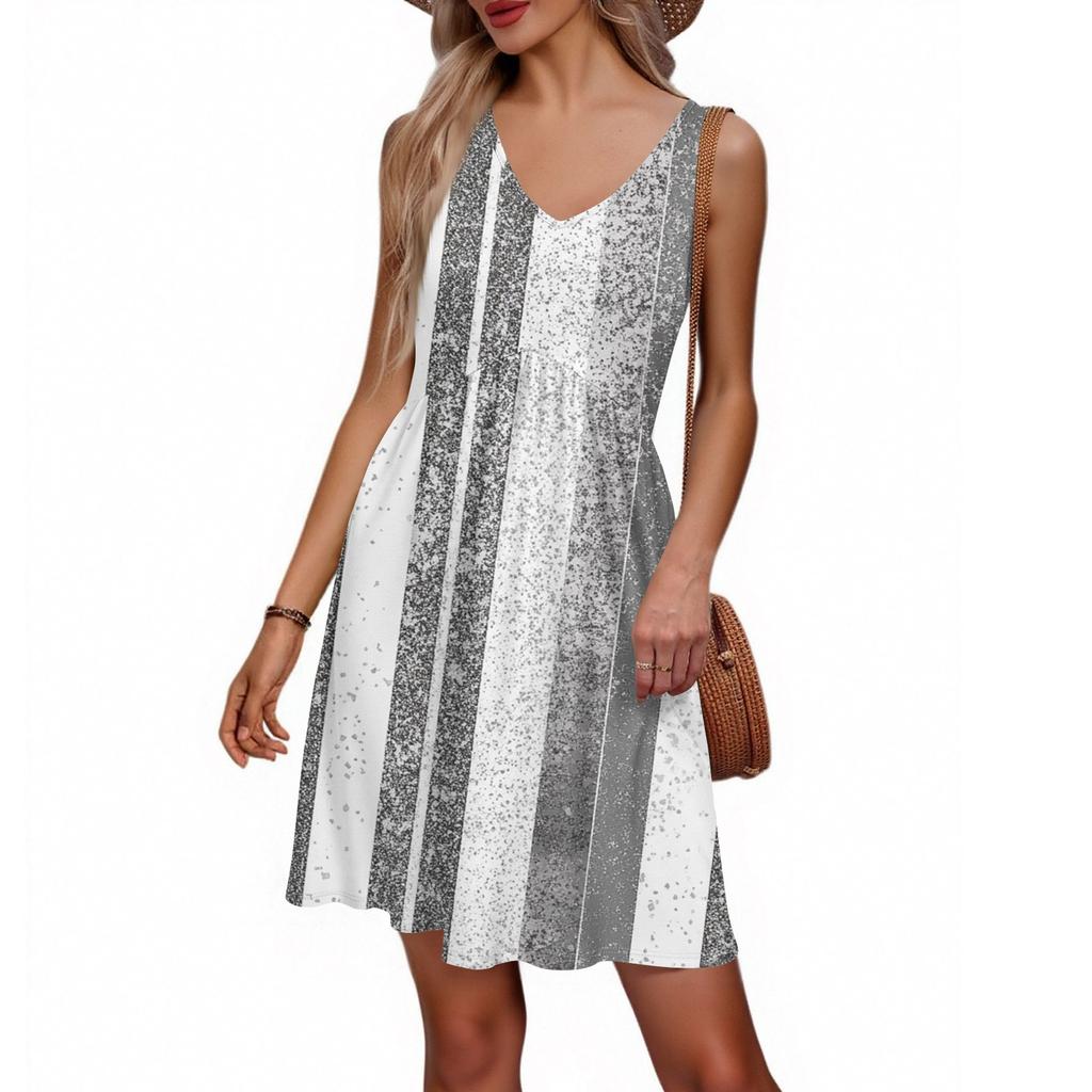 Damen Sommer V-Ausschnitt Lässig Strandurlaub Retro Blumendruck Ärmellos Patchwork Kleid