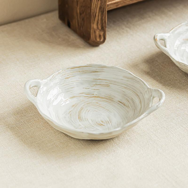 Coarse Pottery Binaural Bowl Hand-Painted Ceramic Bowl Practical Tableware Portable Bowl Household Bowl Salad Bowl Vegetable Bowl