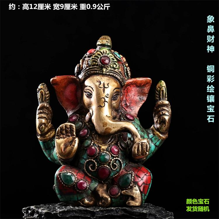 

5 Tibetan Temple Collection Old Bronze Outline in gold Mosaic Gem Turquoise Ganesha Elephant Head Sitting Buddha Worship Hall